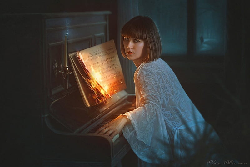 Remorse, candle, fire, fantasy, music, lady, piano, HD wallpaper