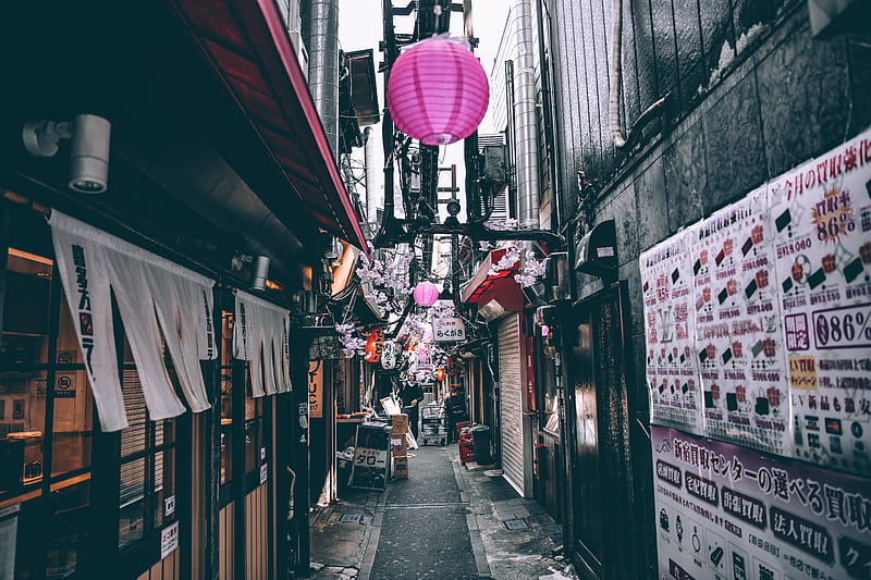 selective color graphy of pathway between building with pink lanterns, HD wallpaper