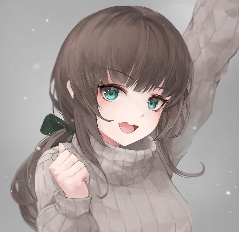 anime girl, sweater, brown hair, green eyes, Anime, HD wallpaper