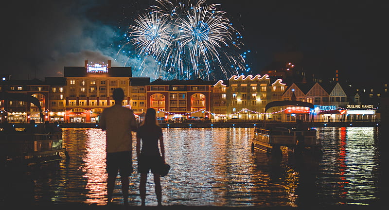 two people standing beside body of water watching fireworks, HD wallpaper