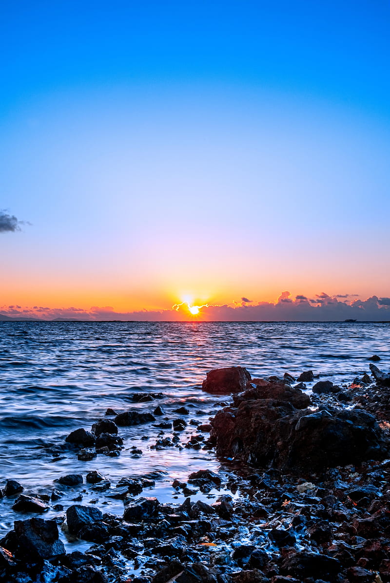 sea, sunset, sun, stones, horizon, HD phone wallpaper
