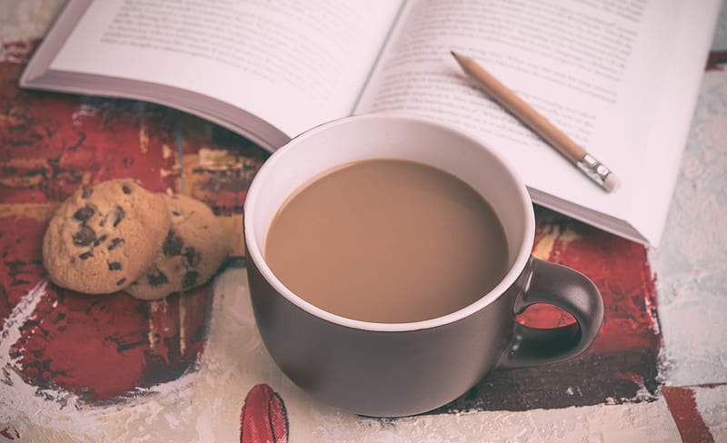 beverage filled mug beside cookie and book, HD wallpaper