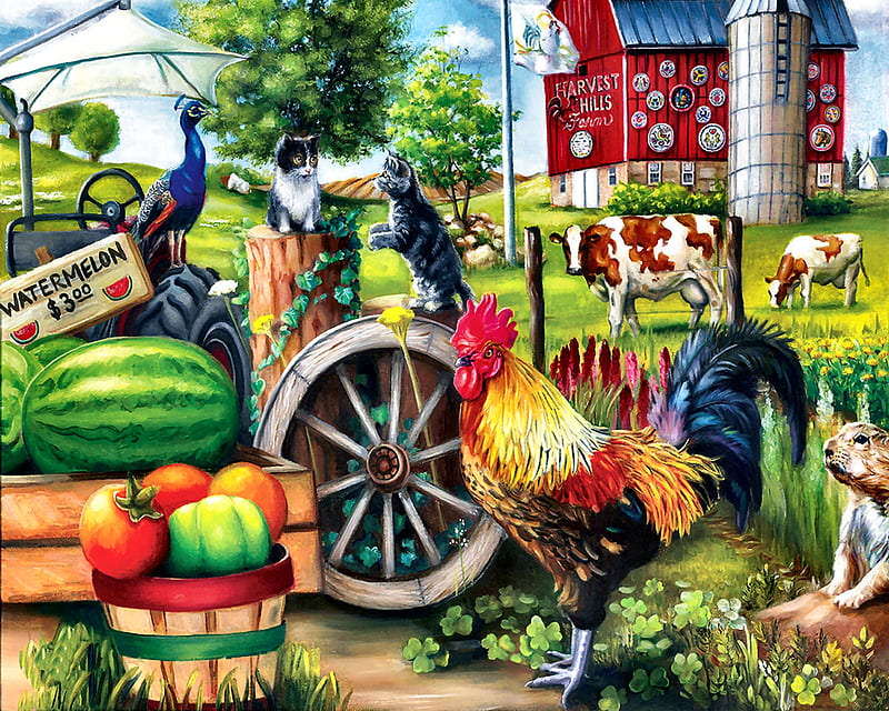 Harvest Hills - Farm, architecture, peacock, bonito, illustration, artwork, farm, painting, wide screen, scenery, cows, rooster, art, planting, pets, feline, bird, cats, crops, landscape, HD wallpaper