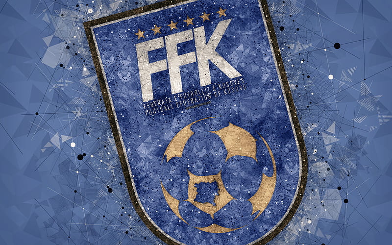 Kosovo national football team geometric art, logo, blue abstract background, UEFA, emblem, Republic of Kosovo, football, grunge style, creative art, HD wallpaper
