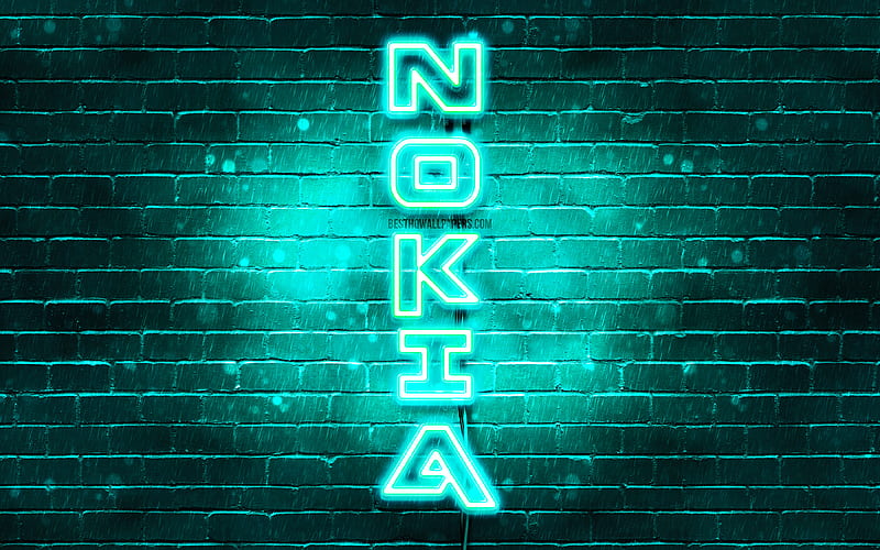 Nokia turquoise logo, vertical text, turquoise brickwall, Nokia neon logo, creative, Nokia logo, artwork, Nokia, HD wallpaper
