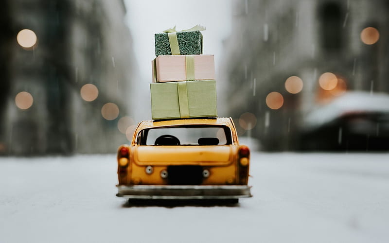 buy gifts concepts, yellow taxi, gift boxes, taxi concepts, HD wallpaper