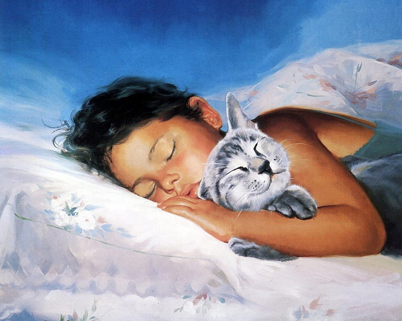 CATNAP, kid, art, sleep, painting, cat, HD wallpaper CATNAP, kid, art, sleep, painting, cat, HD wallpaper