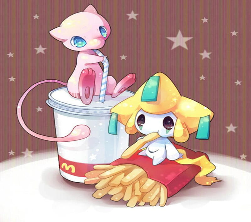 Pokemon Mcdonalds, cute, shake, fries, pokemon, jirachi, mew, HD wallpaper