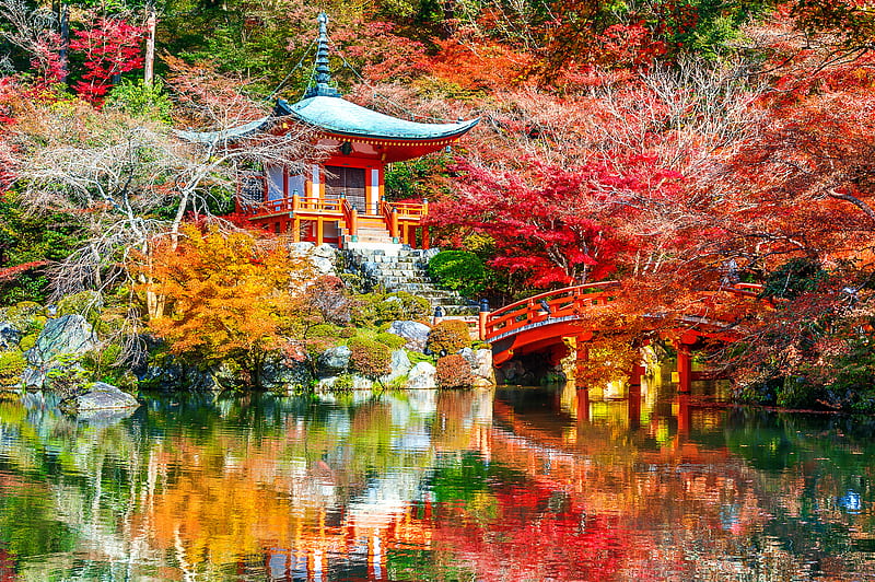 Temples, Daigo-ji, Bridge, Fall, japan, Kyoto, Lake, Nature, Park, HD wallpaper