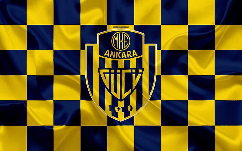 MKE Ankaragucu logo, creative art, blue yellow checkered flag, Turkish football club, emblem, silk texture, Ankara, Turkey, HD wallpaper