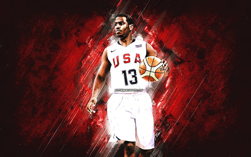 Chris Paul, USA national basketball team, USA, American basketball player, portrait, United States Basketball team, red stone background, HD wallpaper