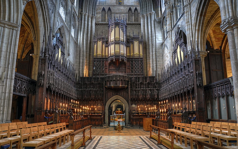 Ripon Cathedral Choir, architecture, glass, medieval, hall, chairs, stained, organ, choir, HD wallpaper