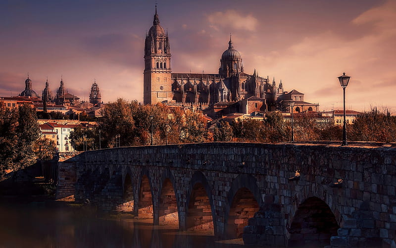 Alba de Tormes, ancient Spanish city, river Tormes, evening, sunset, landmark, Spain, HD wallpaper