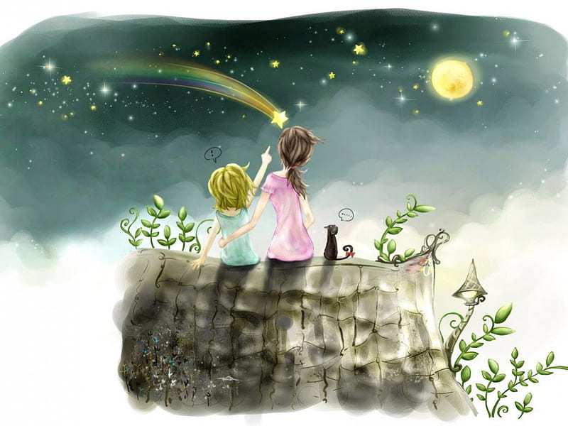 With Mom in a dreamy night, draw, boy, paint, mom, dreams, starry, child, night, HD wallpaper