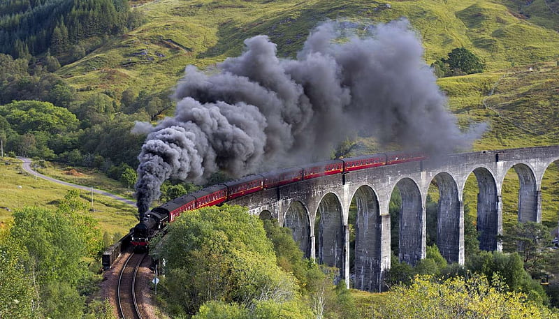 Crossing The Glenfinnan Viaduct, arches, train, viaduct, steam, smoke, HD wallpaper