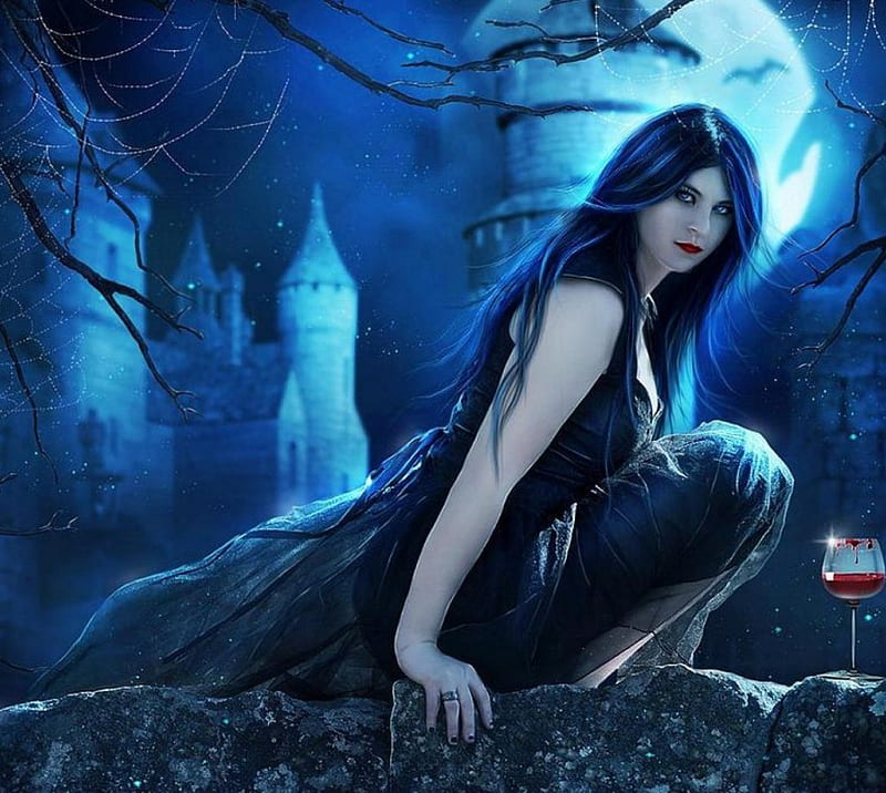 Dark Moon, witch, bats, castle, artwork, night, HD wallpaper
