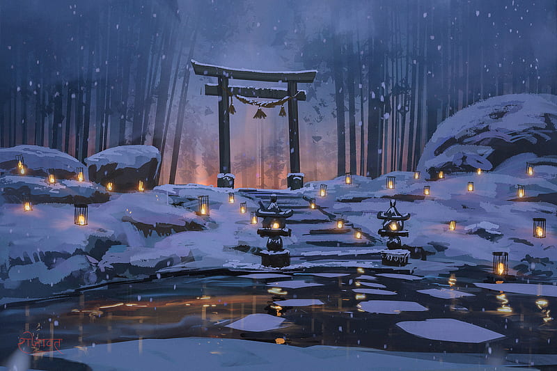 Anime, Shrine, Bamboo, Lantern, Night, Snow, Torii, Winter, HD wallpaper