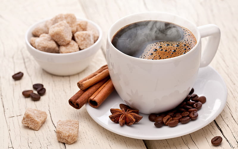 coffee cup, cinnamon sticks, coffee concepts, white coffee cup, sugar, coffee, HD wallpaper