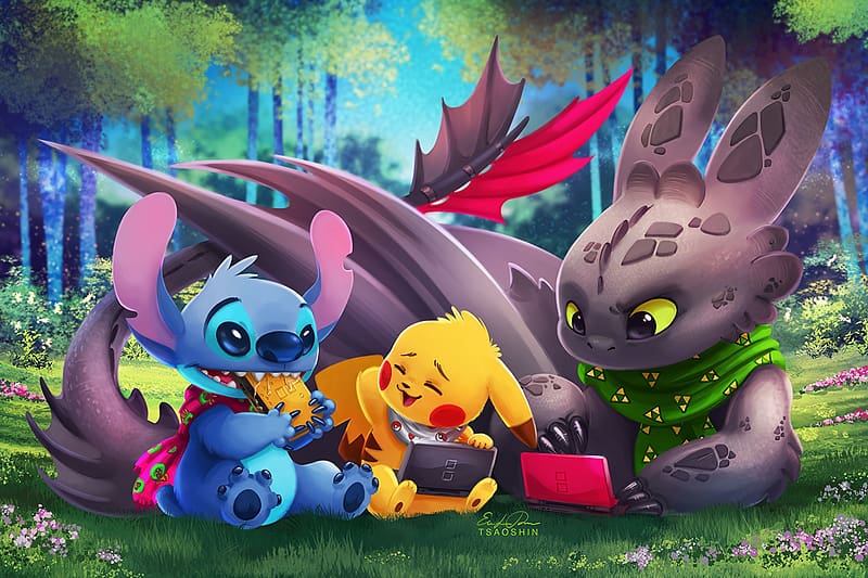 Pokémon, Crossover, Pikachu, Movie, Toothless (How To Train Your Dragon), How To Train Your Dragon, Stitch (Lilo & Stitch), Lilo & Stitch, HD wallpaper