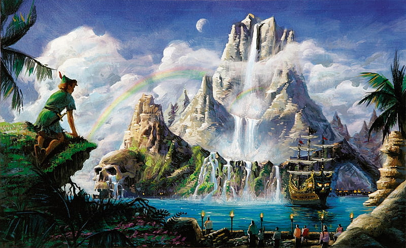 Peter Pan, Mountain, Boat, Fantasy, Island, HD wallpaper