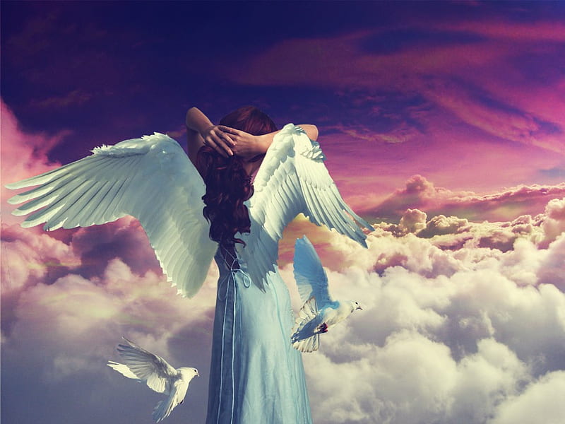 HEAVENLY, female, angel, birds, clouds, sky, HD wallpaper | Peakpx