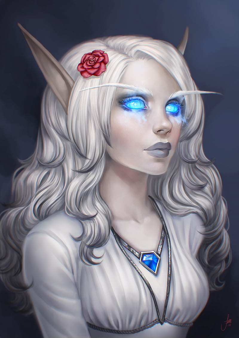 World of Warcraft, fantasy girl, blue eyes, long hair, fantasy art, PC gaming, necklace, High Elf, neon blue, HD phone wallpaper