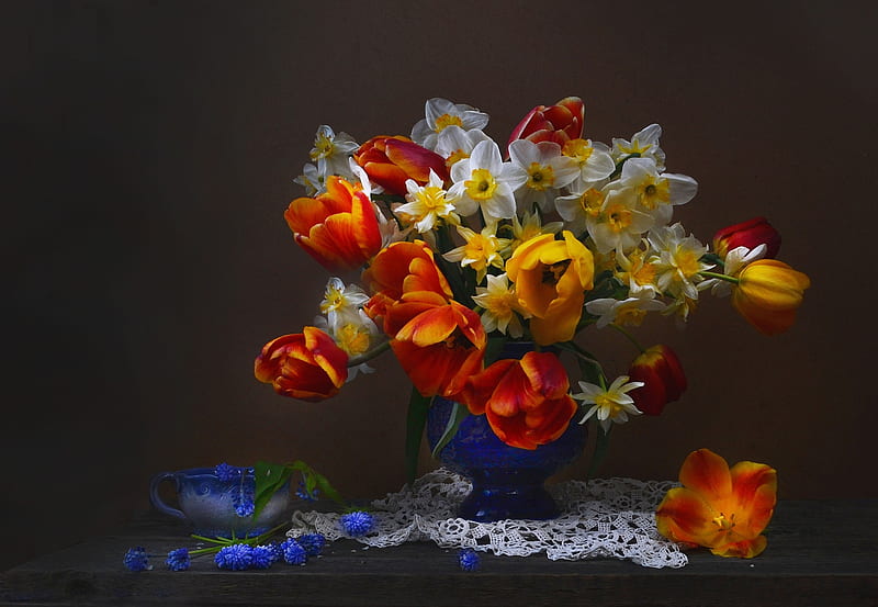 Bouquet, Tulips, Napkin, Daffodils, Vase, HD wallpaper