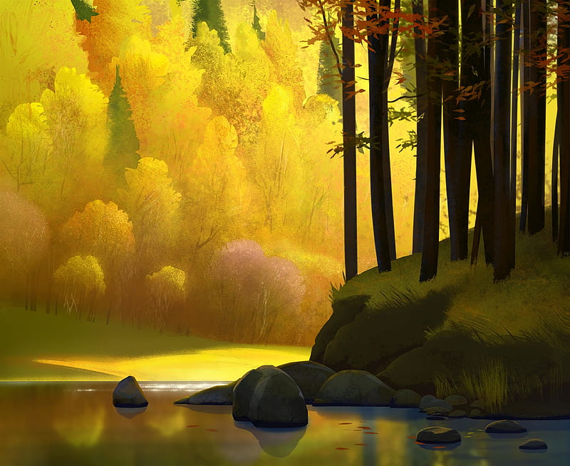 landscape, art, autumn, trees, HD wallpaper
