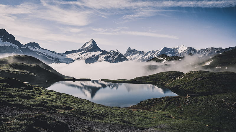 mountains, lake, fog, landscape, nature, HD wallpaper