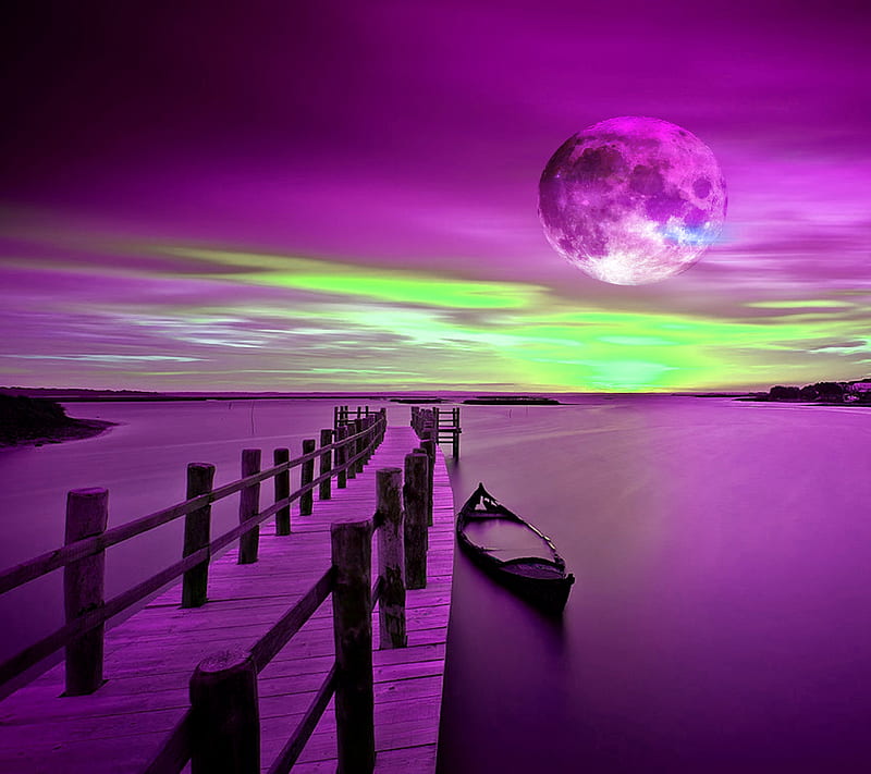 purple wharf , boat, cool, moon, nature, new, ocean, sea, HD wallpaper