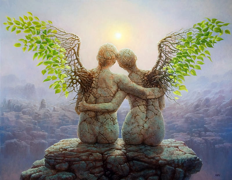 Angels, tomasz alen kopera, man, couple, art, picutra, wings, angel, fantasy, stone, green, girl, painting, HD wallpaper