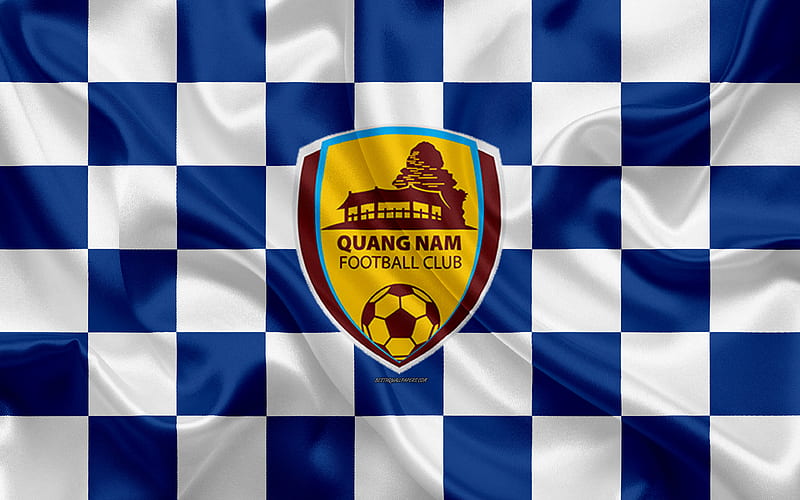 Quang Nam FC logo, creative art, blue white checkered flag, Vietnamese football club, V League 1, emblem, silk texture, Tam Ky, Vietnam, HD wallpaper
