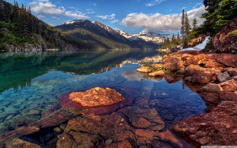 Garibaldi Lake, British Columbia, Canada, forest, shore, rock, trees, sky, clouds, lake, mountain, stones, daylight, water, day, nature, HD wallpaper
