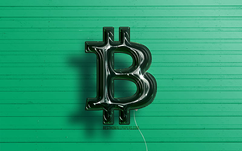 Bitcoin 3D logo dark green realistic balloons, cryptocurrency, Bitcoin logo, green wooden backgrounds, Bitcoin, HD wallpaper