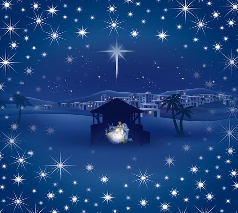 The Nativity, stars, birth, christmas, manger, blue, night, HD wallpaper