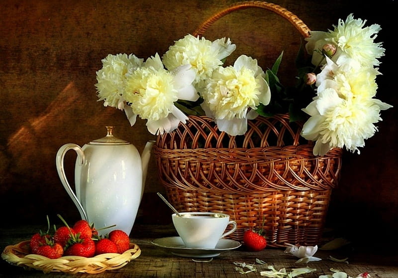 tea time with peony and strawberries, peony, still life, tea time, flowers, strawberries, HD wallpaper