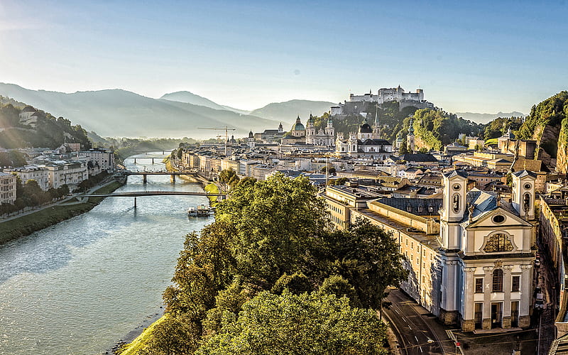 Salzburg, morning, sunrise, austrian city, alps, mountain landscape, Salzburg cityscape, Austria, HD wallpaper
