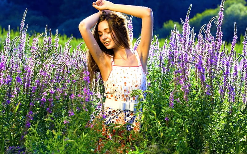 SPRING JOY, female, flowers, spring, field, mood, HD wallpaper