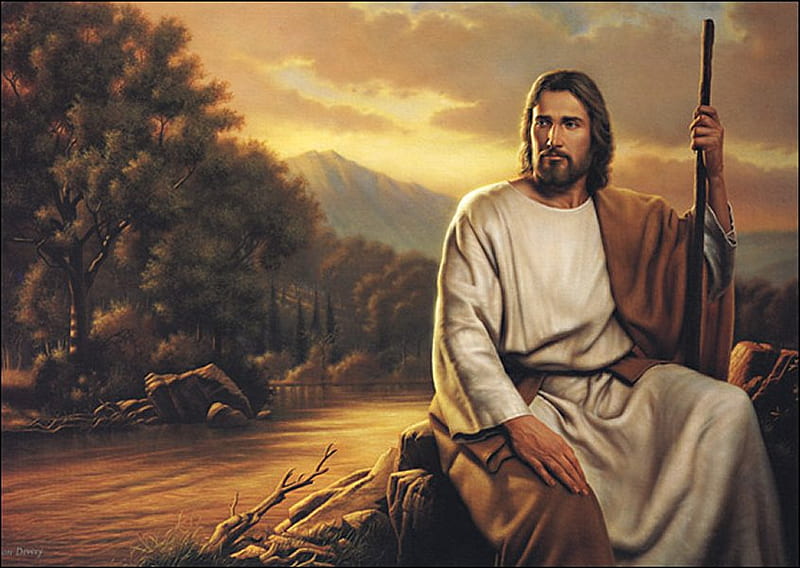 My sweet shepherd: Jesus Christ, christianity, jesus christ, sunset, religion, shepherd, god, HD wallpaper