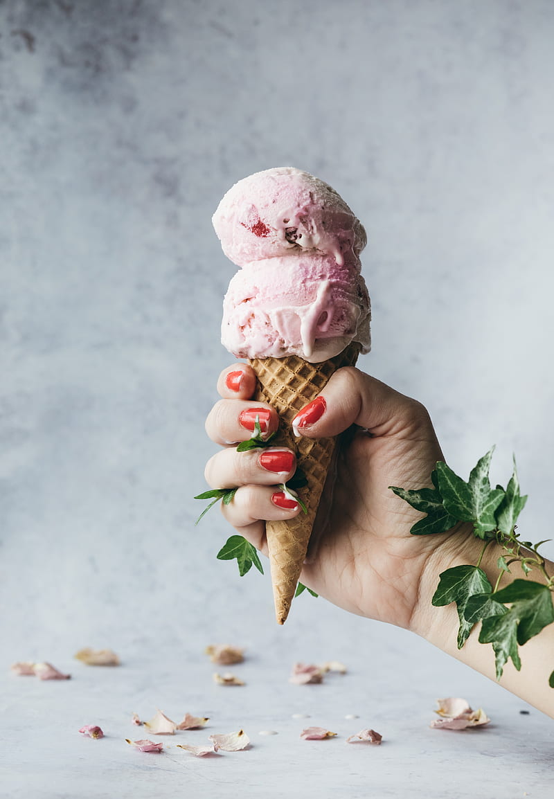 ice cream, dessert, hand, plant, HD phone wallpaper