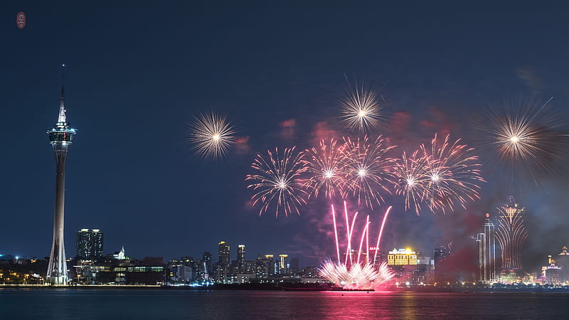 macau, fireworks, night, tower, entertainment, City, HD wallpaper