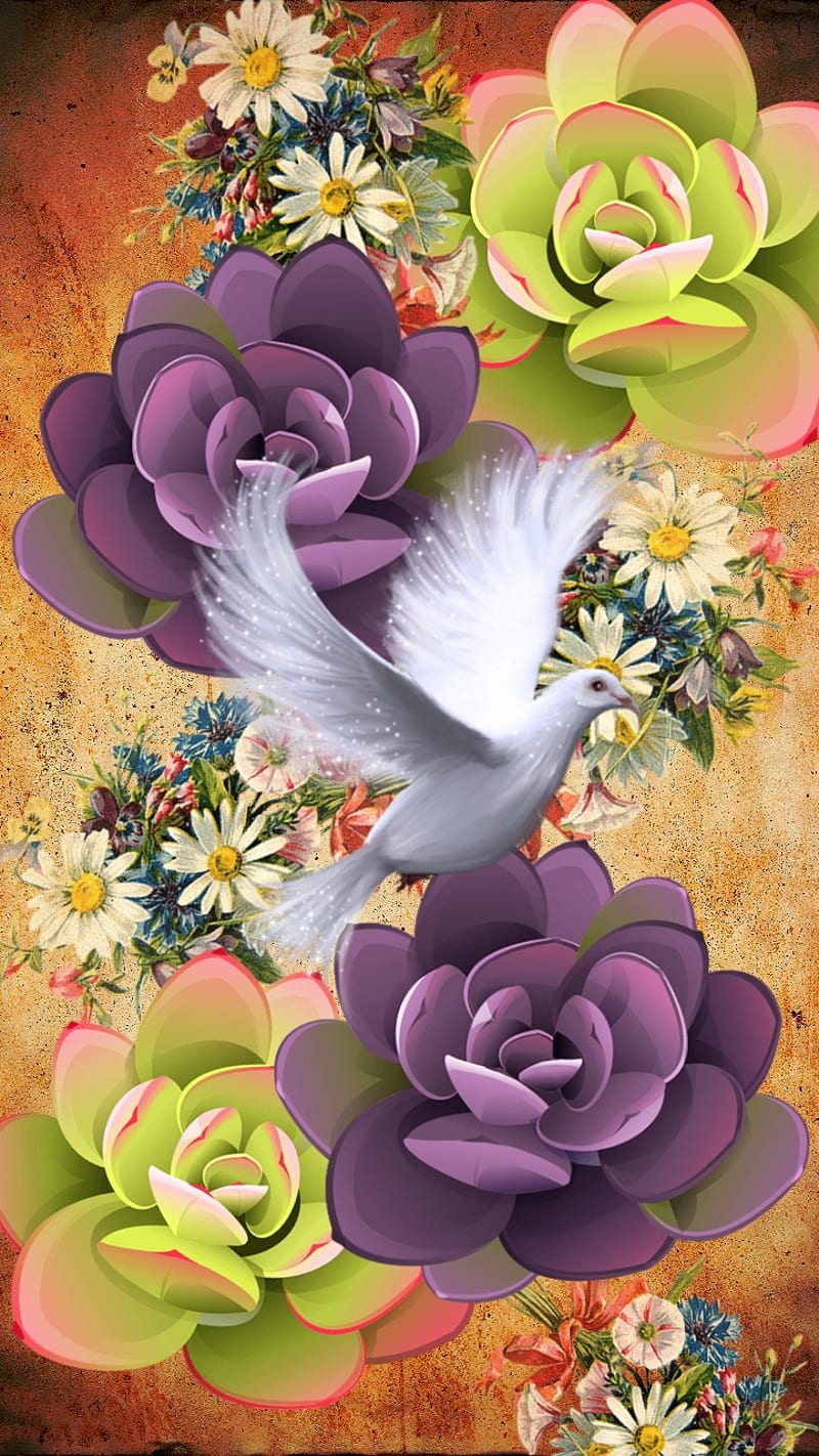 Peace, beauty, bouquet, desenho, dove, flowers, painting, rose, succulent, HD phone wallpaper