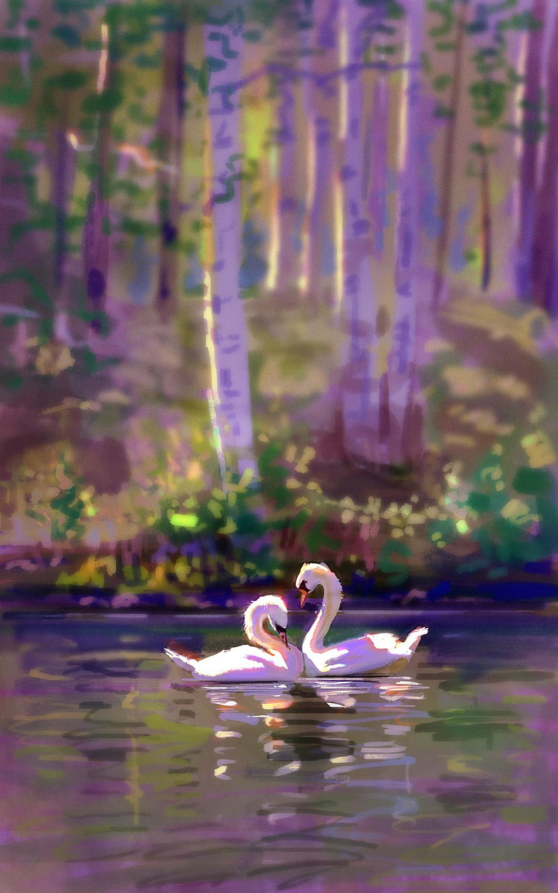 Swans, couple, love, birds, art, HD phone wallpaper | Peakpx