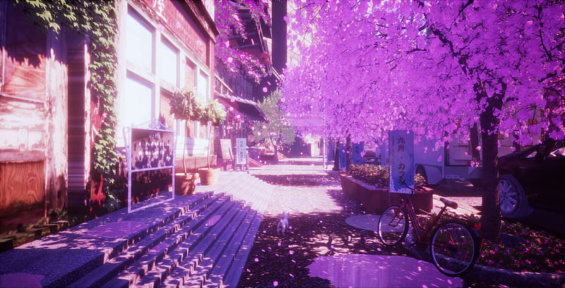 anime cityscape, 3d modelling, cgi, bicycle, sakura blossom, buildings, Anime, HD wallpaper