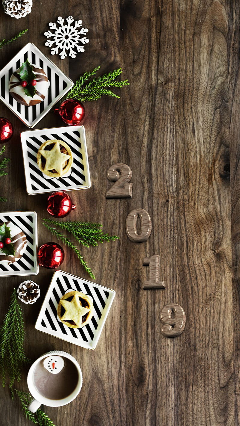 new year, coffee, good, morning, cookies, breakfast, 2019, happy new year, wood, stars, decoration, HD phone wallpaper