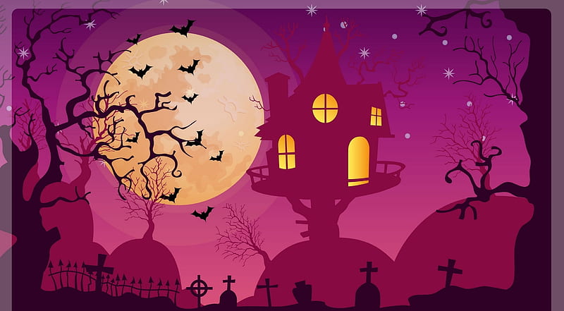 Happy Halloween!, bat, halloween, pink, night, hut, silhouette, lights, moon, fantasy, tree, HD wallpaper