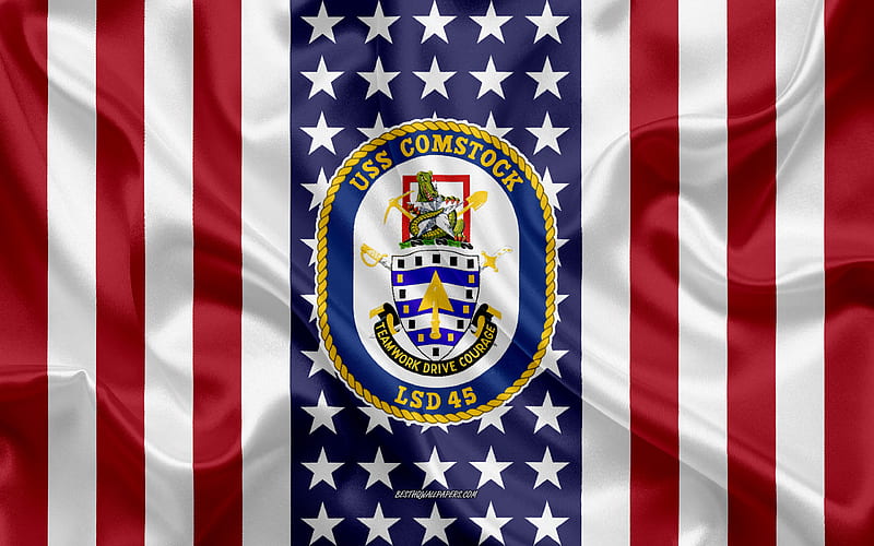 USS Comstock Emblem, LSD-45, American Flag, US Navy, USA, USS Comstock Badge, US warship, Emblem of the USS Comstock, HD wallpaper