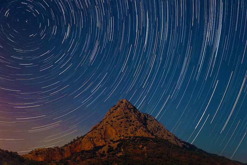 star trail, scenic, night, mountain, time-lapse, Space, HD wallpaper