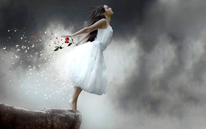 FLY WITH THE WIND, fall, girl, flowers, cliff, petals, HD wallpaper