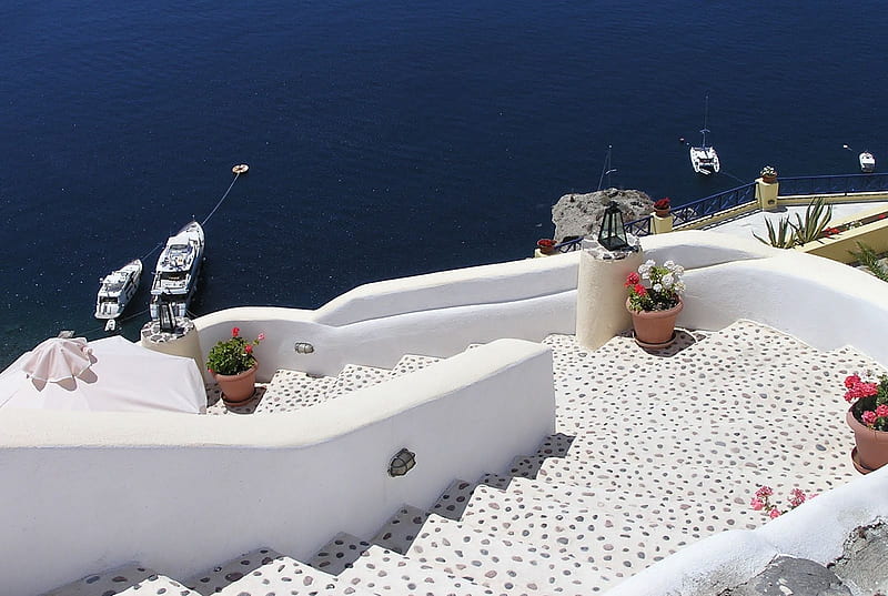 Oia stairs, greece, blue sea, oia, santorini, stairs, white, HD wallpaper